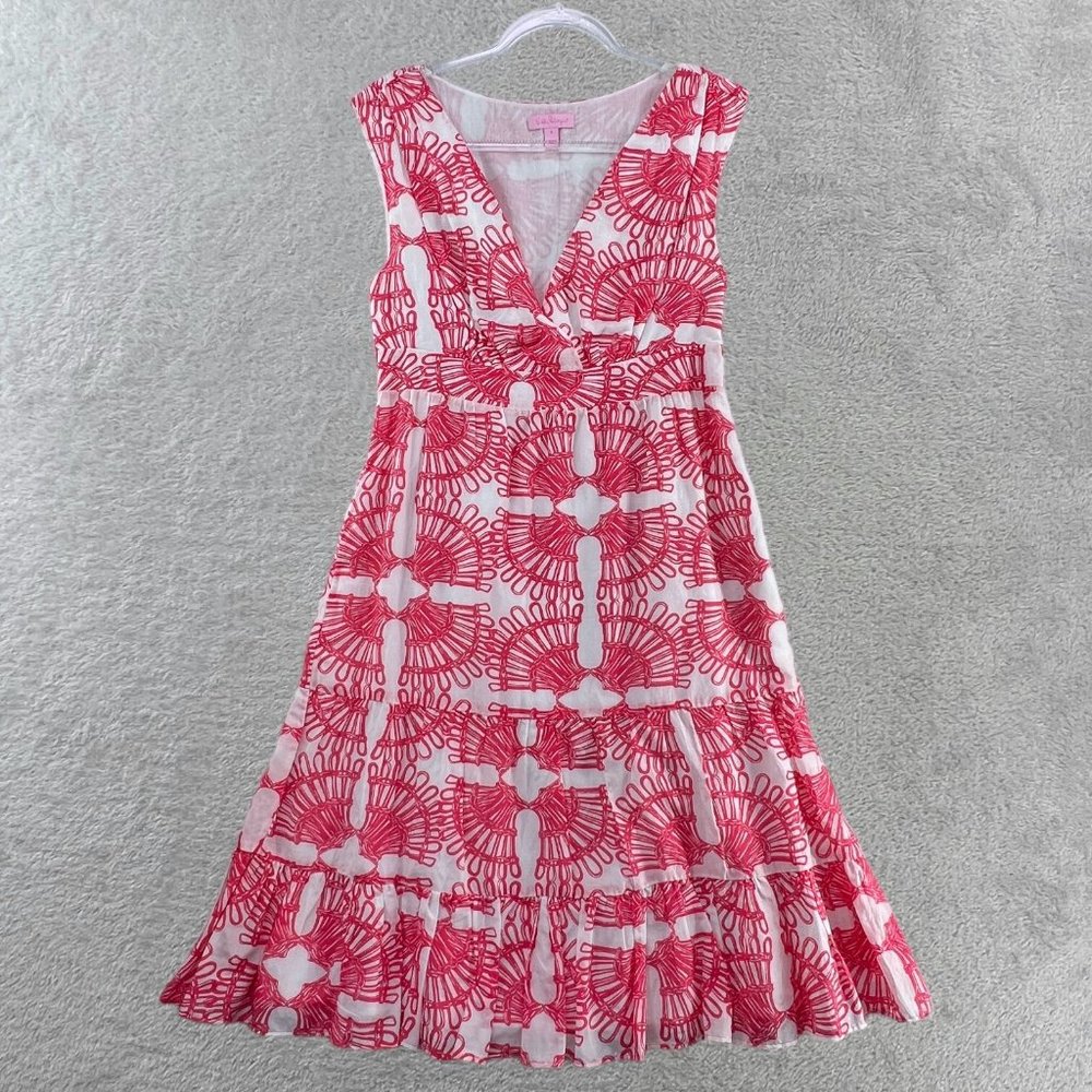 LILLY PULITZER Dress Womens 6 Pink Sleeveless Fan Print Empire High Waist
